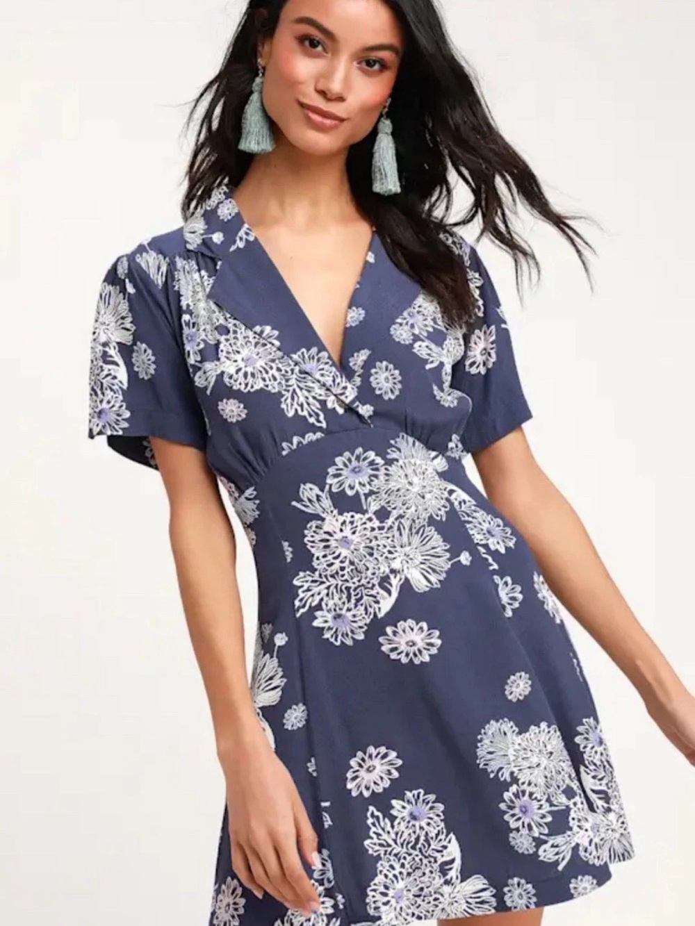 Free People Blue Hawaii Fit & Flare Mini Dress Aloha V-Neck Pockets Size XS
